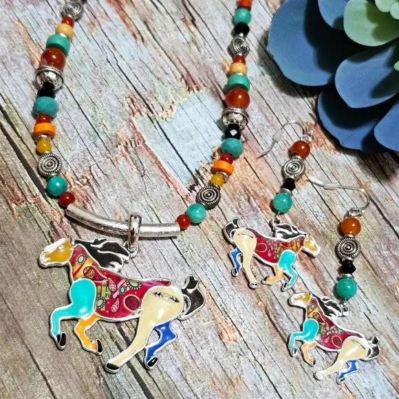 Artisan Hand Crafted Necklace Painted Horses Brown Suede Cord Colorful Beaded - Picture 8 of 12